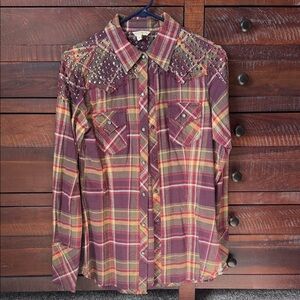 Studded Plaid Button-Up Shirt